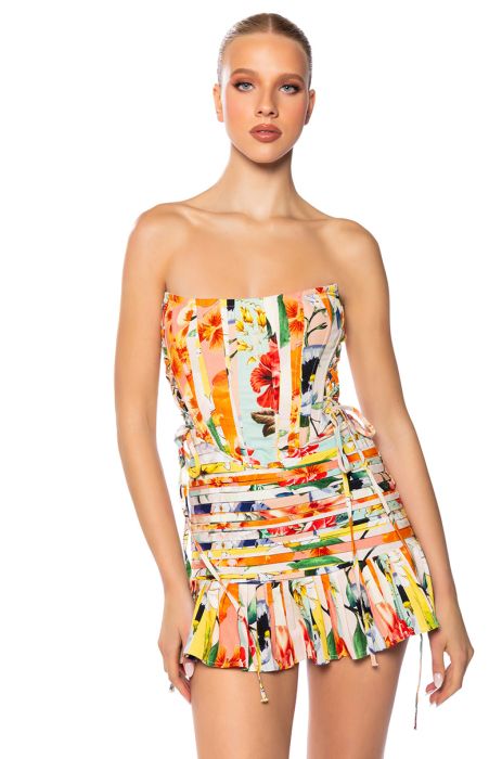 FLOUNCE CORSET MINI DRESS IN MULTI