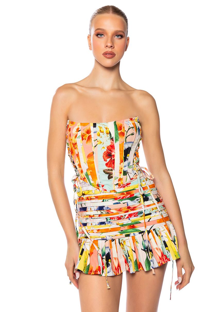 FLOUNCE CORSET MINI DRESS IN MULTI