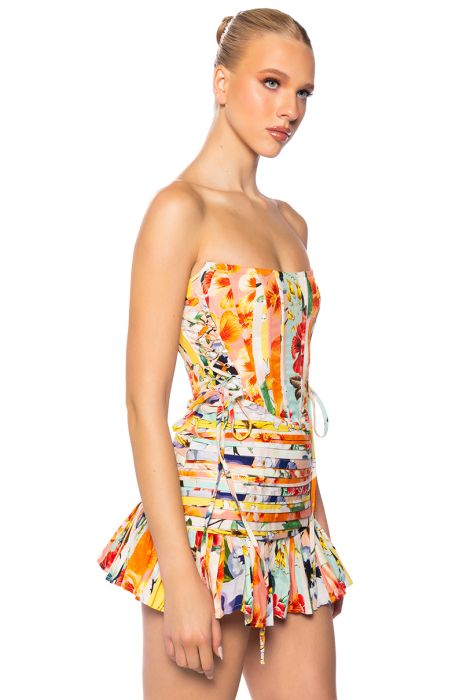 FLOUNCE CORSET MINI DRESS IN MULTI