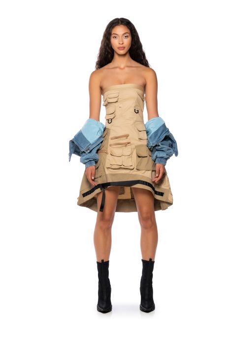 GAZELLE STRAPLESS CARGO MIDI DRESS IN BEIGE