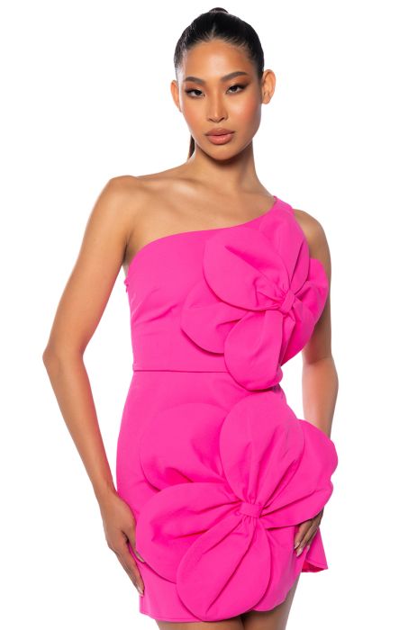 GEMMA FLORAL DETAIL ONE SHOULDER MINI DRESS IN HOT PINK