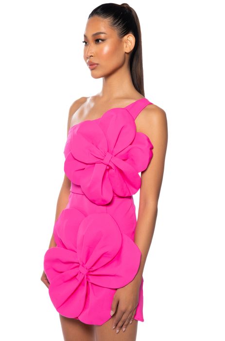 GEMMA FLORAL DETAIL ONE SHOULDER MINI DRESS IN HOT PINK