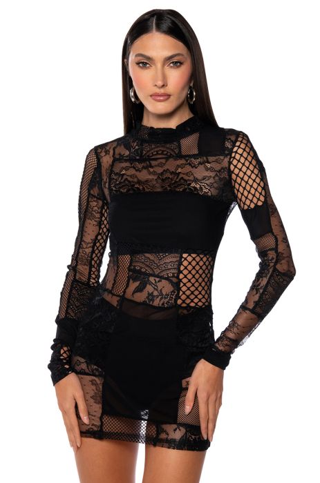 GINA MESH PATCHWORK MINI DRESS IN BLACK