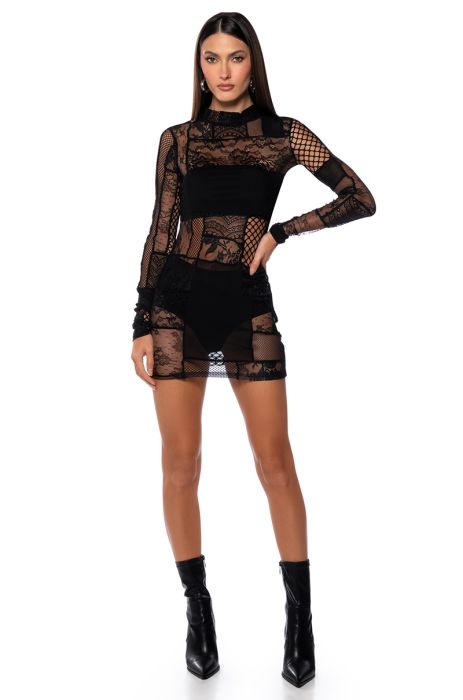 GINA MESH PATCHWORK MINI DRESS IN BLACK