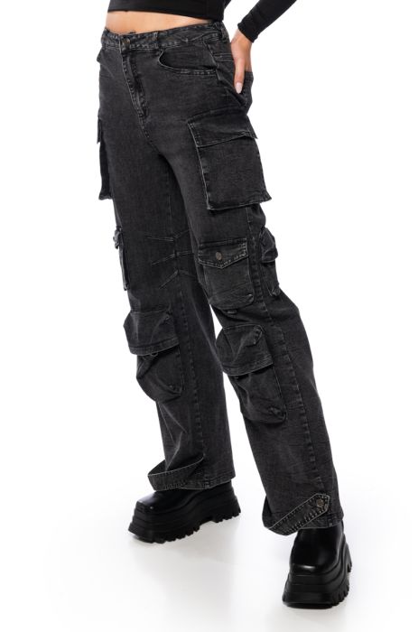 GIVE IT TO ME DENIM CARGO PANT in black denim