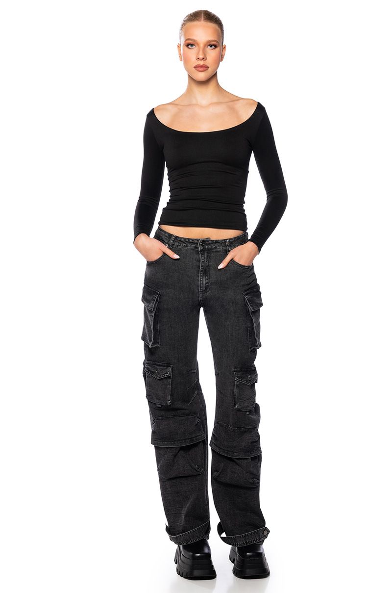 GIVE IT TO ME DENIM CARGO PANT in black denim