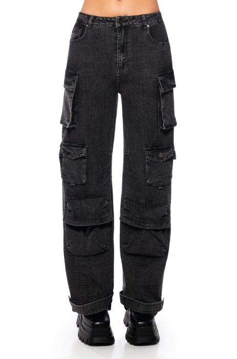 GIVE IT TO ME DENIM CARGO PANT in black denim