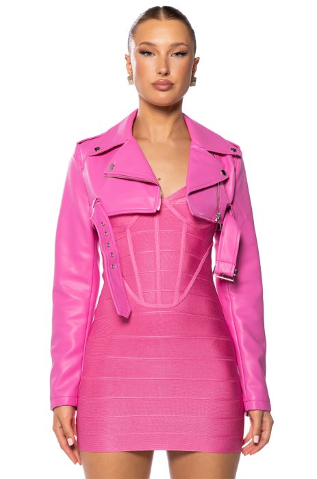 HALF MY HEART ULTRA CROPPED MOTO JACKET in pink