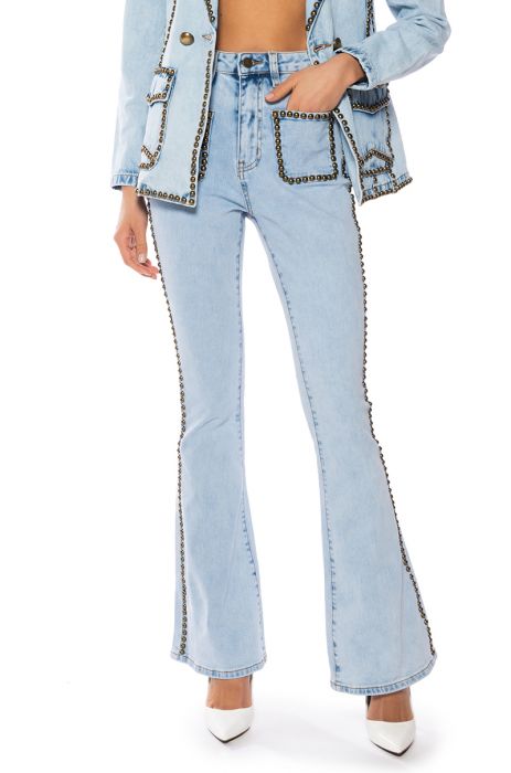 HERE TO STAND OUT EMBELLISHED HIGH RISE FLARE JEANS in BLUE
