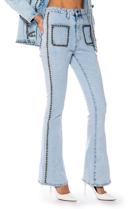 HERE TO STAND OUT EMBELLISHED HIGH RISE FLARE JEANS in BLUE