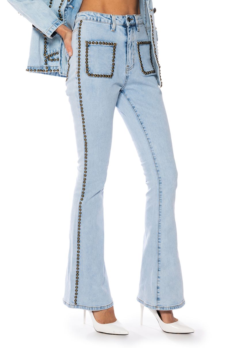 HERE TO STAND OUT EMBELLISHED HIGH RISE FLARE JEANS in BLUE