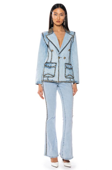 HERE TO STAND OUT EMBELLISHED HIGH RISE FLARE JEANS in BLUE