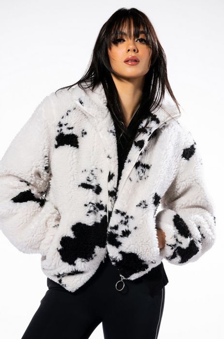 HOLY COW CROPPED SHERPA BOMBER JACKET IN WHITE BLACK