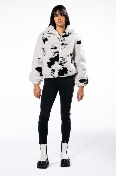HOLY COW CROPPED SHERPA BOMBER JACKET IN WHITE BLACK