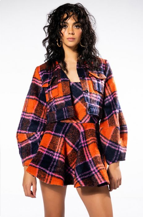 HOW DEEP IS YOUR LOVE FUZZY CROP SHACKET IN ORANGE MULTI
