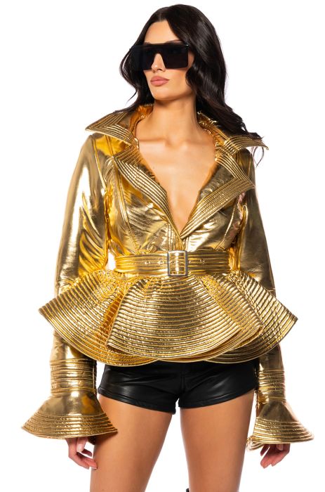 I GET IT HOW I LIVE IT METALLIC MOTO PUFFER IN GOLD