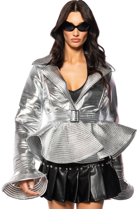 I GET IT HOW I LIVE IT METALLIC MOTO PUFFER IN SILVER