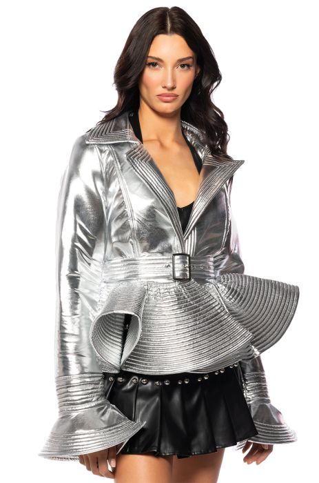 I GET IT HOW I LIVE IT METALLIC MOTO PUFFER IN SILVER