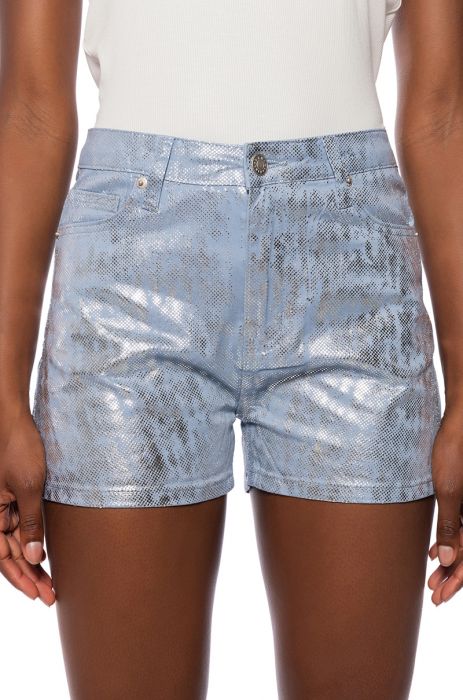 IN YOUR DREAMS METALLIC COATED DENIM SHORTS IN BLUE