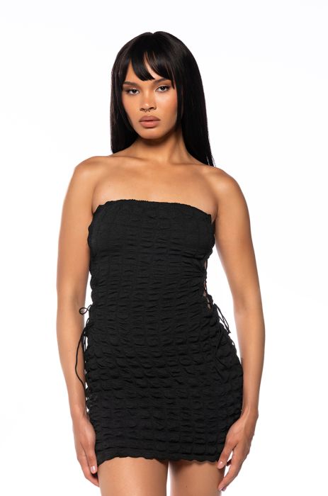 IN YOUR DREAMS SIDE TIE MINI DRESS IN BLACK