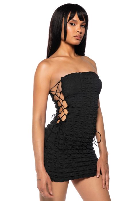 IN YOUR DREAMS SIDE TIE MINI DRESS IN BLACK