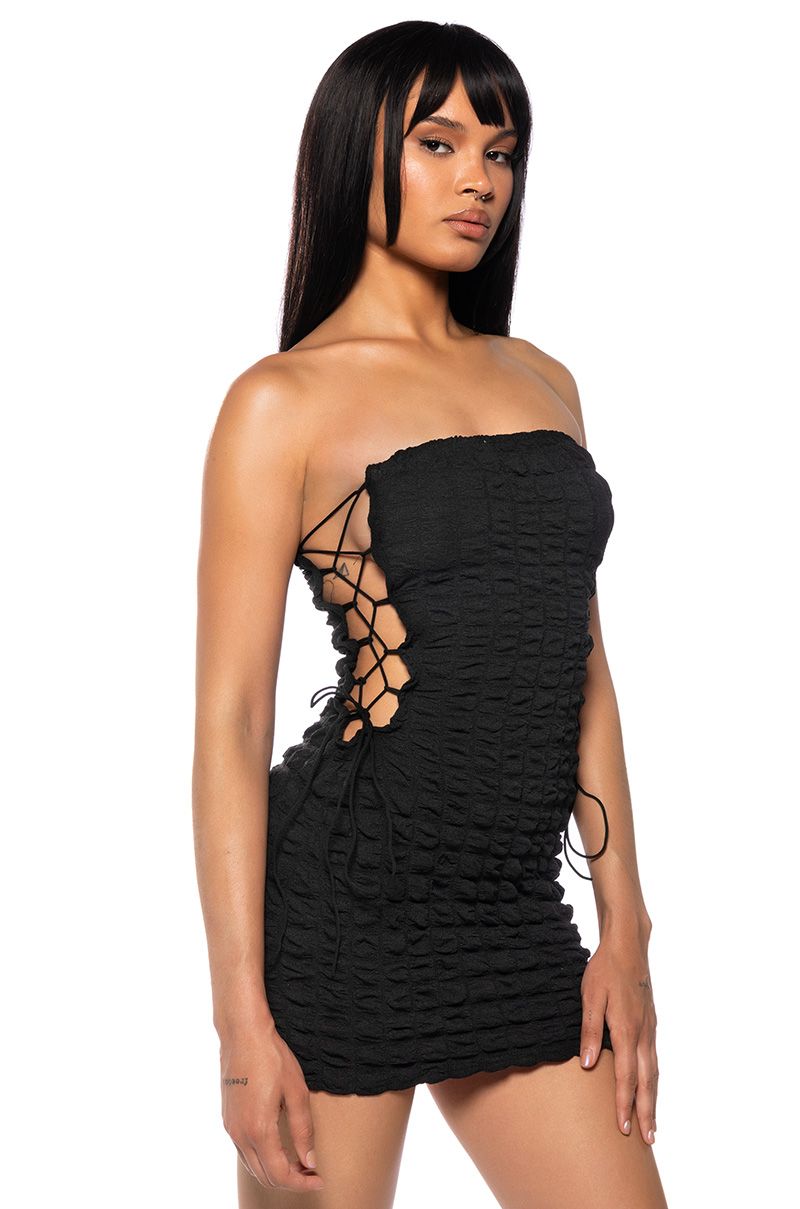 IN YOUR DREAMS SIDE TIE MINI DRESS IN BLACK