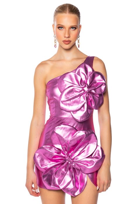 IT GIRL FLORAL DETAIL ONE SHOULDER METALLIC MINI DRESS IN PINK