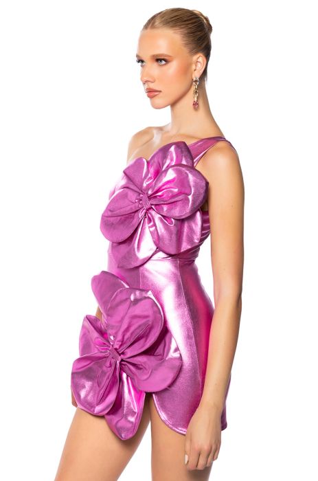 IT GIRL FLORAL DETAIL ONE SHOULDER METALLIC MINI DRESS IN PINK