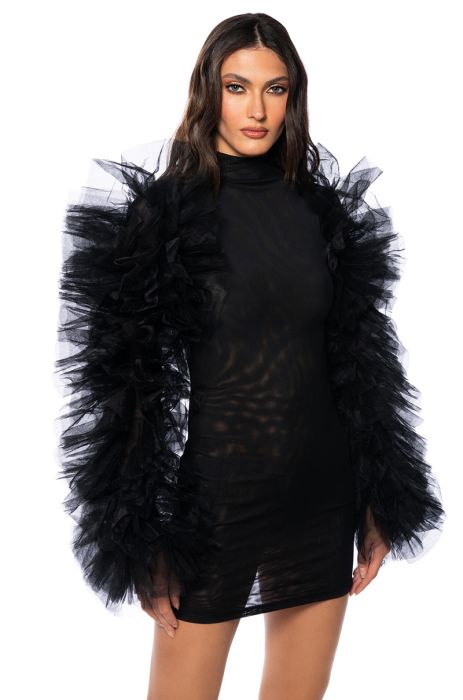 KARMA TULLE SLEEVE MESH MINI DRESS IN BLACK