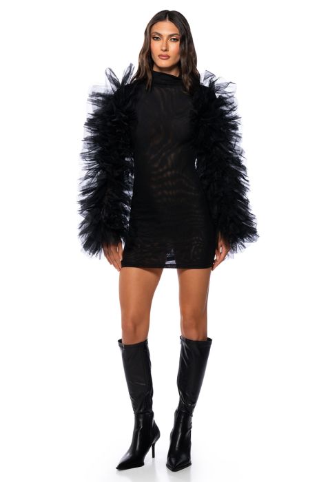 KARMA TULLE SLEEVE MESH MINI DRESS IN BLACK