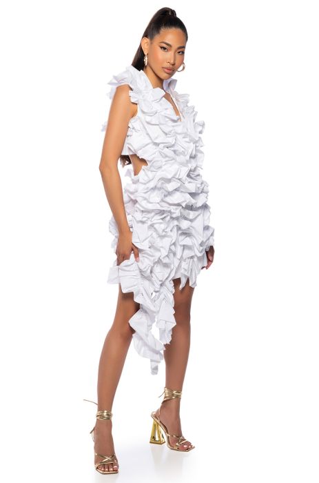 KASEY RAW HEM RUFFLE OPEN BACK MINI DRESS IN WHITE
