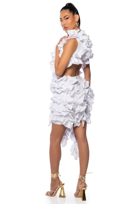 KASEY RAW HEM RUFFLE OPEN BACK MINI DRESS IN WHITE