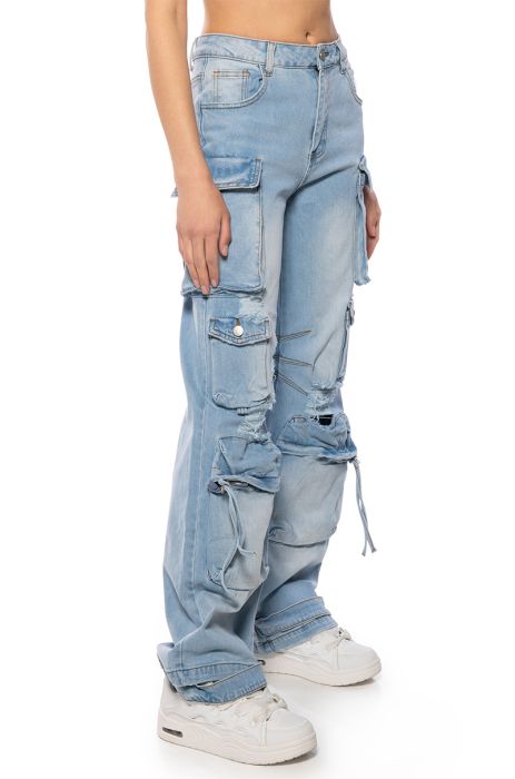 KEEP IT ON THE LOW RELAXED FIT CARGO JEANS IN LIGHT BLUE DENIM