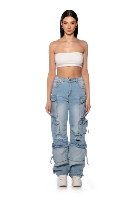 KEEP IT ON THE LOW RELAXED FIT CARGO JEANS IN LIGHT BLUE DENIM