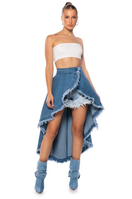 KELSEY OVERLAY WRAP SKIRT BELT in MEDIUM BLUE DENIM