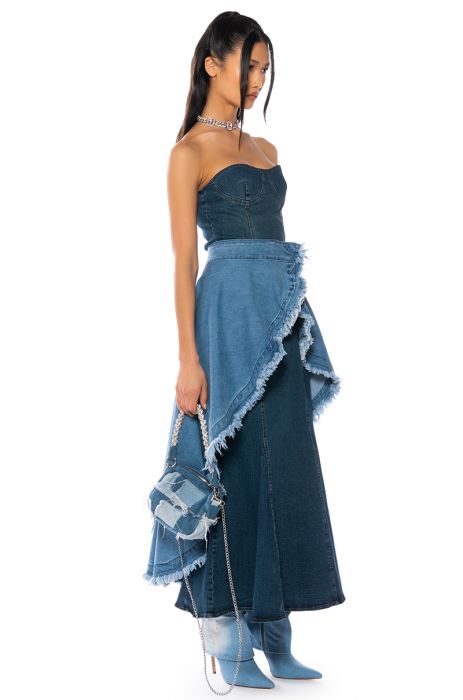 KELSEY OVERLAY WRAP SKIRT BELT in MEDIUM BLUE DENIM