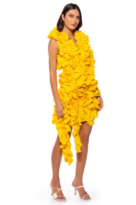 KELSEY RUFFLE OPEN BACK MINI DRESS IN YELLOW