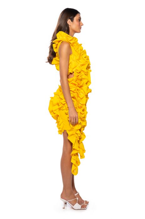 KELSEY RUFFLE OPEN BACK MINI DRESS IN YELLOW