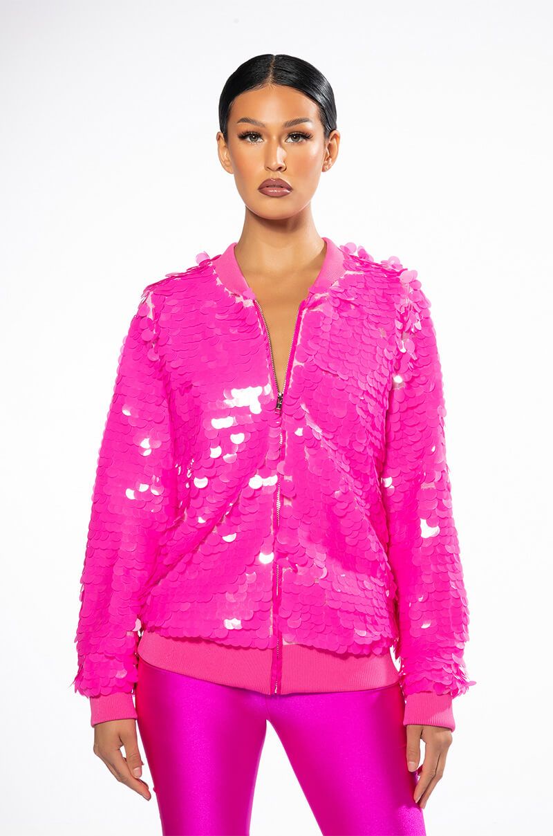 SHAKE SOME ACTION SEQUIN VARSITY BOMBER IN PINK