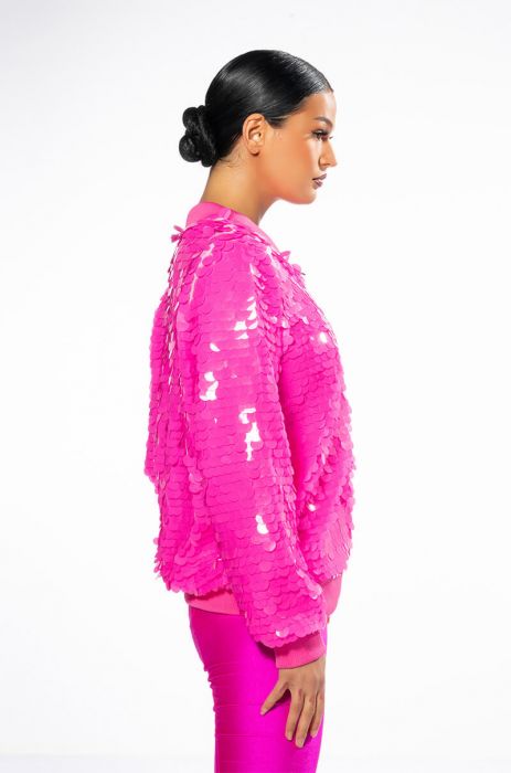 SHAKE SOME ACTION SEQUIN VARSITY BOMBER IN PINK