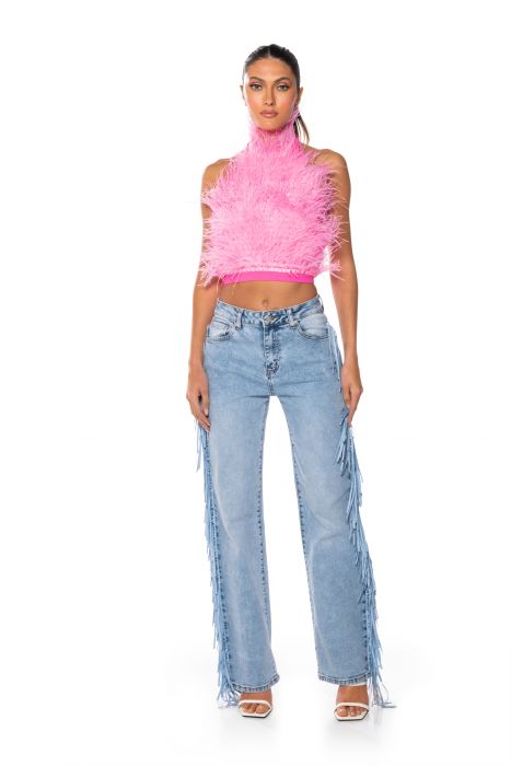 LET LOOSE FRINGE SIDE JEANS IN LIGHT BLUE DENIM