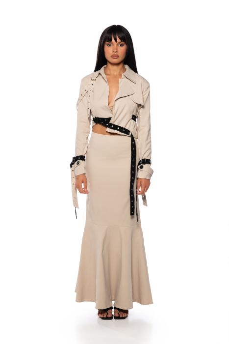 LINDEN CROP TRENCH JACKET IN TAUPE BLACK