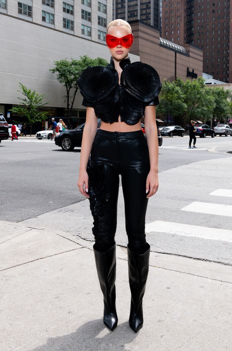 LOTUS FLOWER BOMB FAUX LEATHER FLARE PANT in black