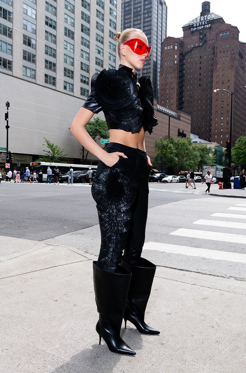 LOTUS FLOWER BOMB FAUX LEATHER FLARE PANT in black