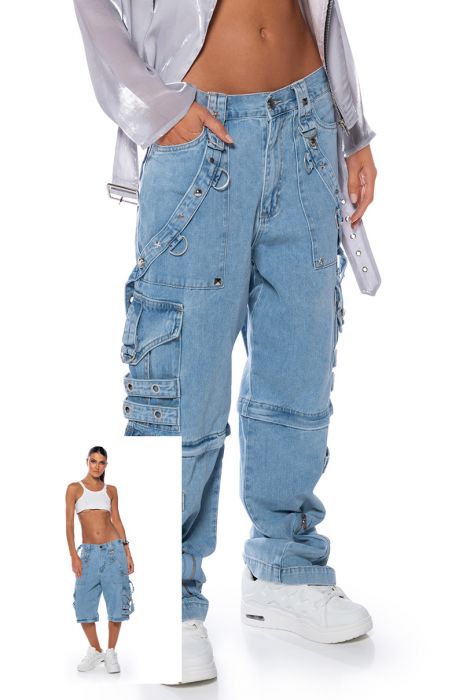 MAKE A MOVE CONVERTIBLE BAGGY CARGO JEANS in LIGHT BLUE DENIM
