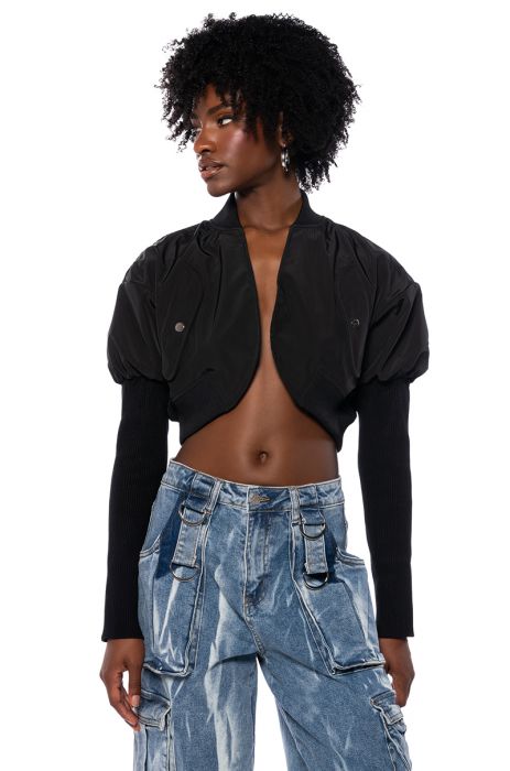 MAKE IT LOOK EASY SKINNY ARM CROPPED BOMBER IN BLACK