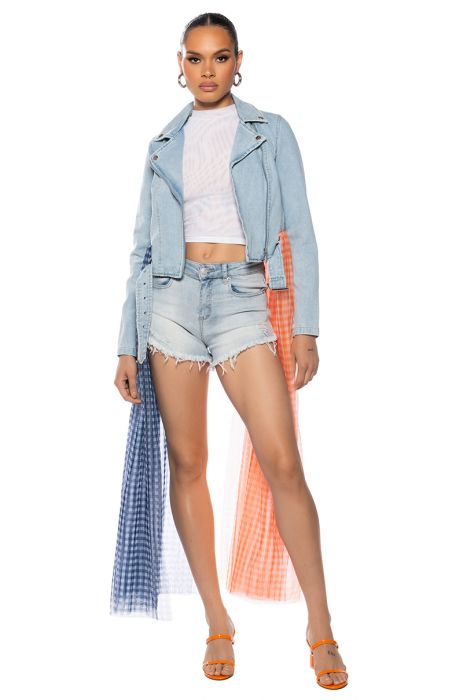 MAKE YOUR MARK DENIM MOTO JACKET WITH MESH SKIRT ACCENT IN LIGHT BLUE DENIM