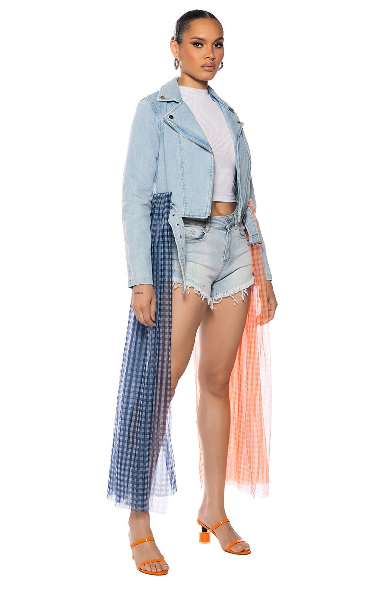 MAKE YOUR MARK DENIM MOTO JACKET WITH MESH SKIRT ACCENT IN LIGHT BLUE DENIM