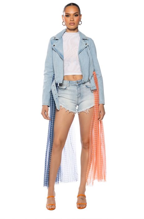 MAKE YOUR MARK DENIM MOTO JACKET WITH MESH SKIRT ACCENT IN LIGHT BLUE DENIM