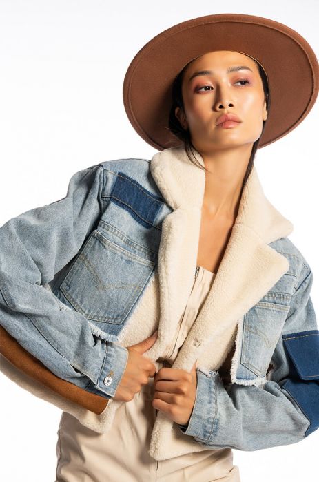 MAKIN IT BLEND DENIM SHEARLING CROP JACKET